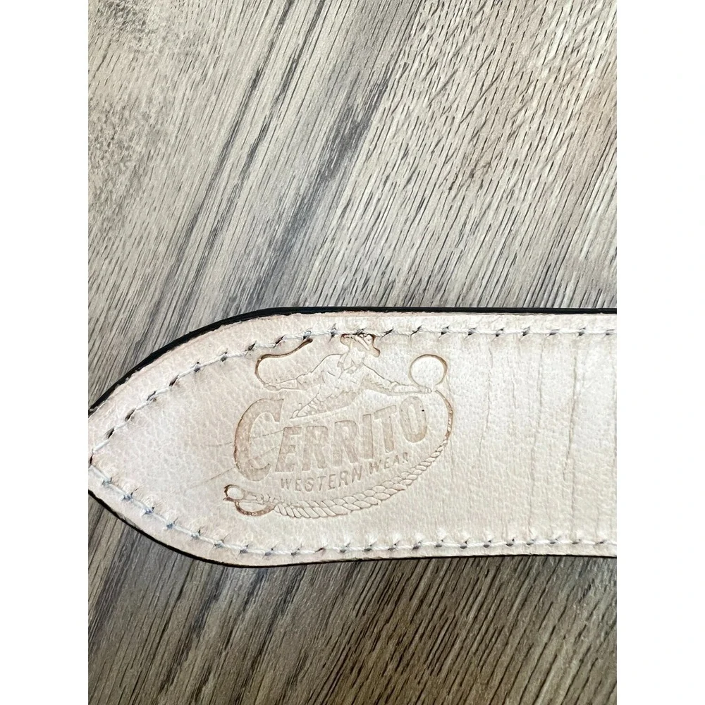 Cerrito Black Leather Belt 42 Embossed Floral Tooled Silver Tone Buckle Longhorn